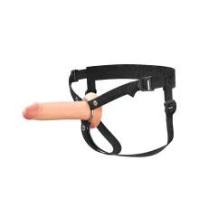 Телесный полый страпон на черных ремнях Hollow Silicone Strap-on - 17,8 см.