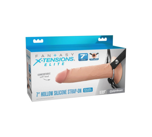 Телесный полый страпон на черных ремнях Hollow Silicone Strap-on - 17,8 см.