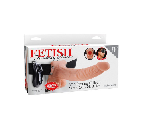 Телесный полый страпон с вибрацией Vibrating Hollow Strap-On with Balls - 24 см.