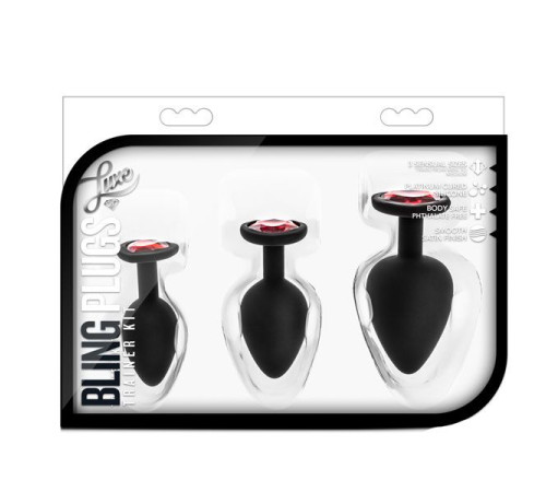Набор черных анальных пробок с красным кристаллом-сердечком Bling Plugs Training Kit