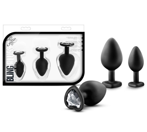 Набор из 3 черных пробок с прозрачным кристаллом-сердечком Bling Plugs Training Kit