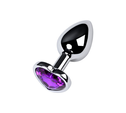 Серебристая коническая анальная пробка с фиолетовым кристаллом-сердечком - 7 см.