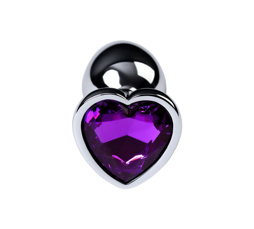 Серебристая коническая анальная пробка с фиолетовым кристаллом-сердечком - 7 см.