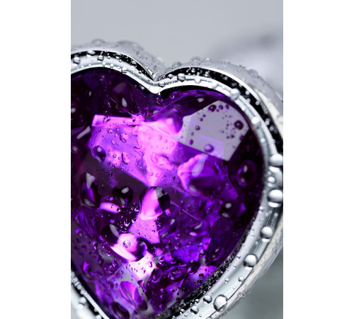 Серебристая коническая анальная пробка с фиолетовым кристаллом-сердечком - 7 см.