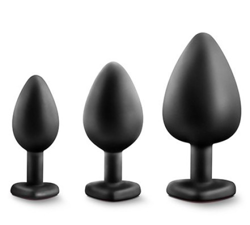 Набор черных анальных пробок с красным кристаллом-сердечком Bling Plugs Training Kit