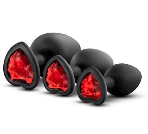 Набор черных анальных пробок с красным кристаллом-сердечком Bling Plugs Training Kit