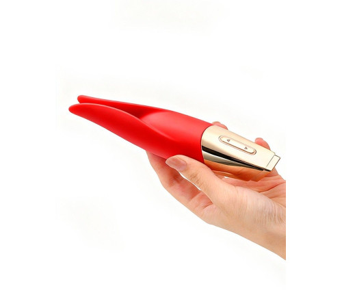 Красный мини-вибратор с раздвоенным кончиком - 12,3 см.