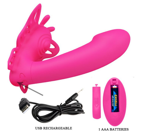 Розовая клиторальная бабочка с вагинальным виброотростком Katherine