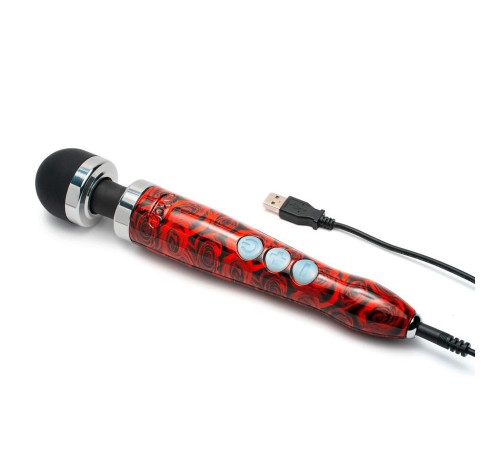 Красный беспроводной wand-вибратор Doxy Die Cast 3R с принтом в виде роз на рукояти - 28 см.