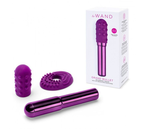 Фиолетовый жезловый вибратор Le Wand Grand Bullet с двумя нежными насадками