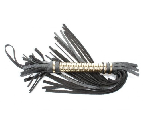 Чёрная кожаная плетка с золотистой рукоятью - 45 см.