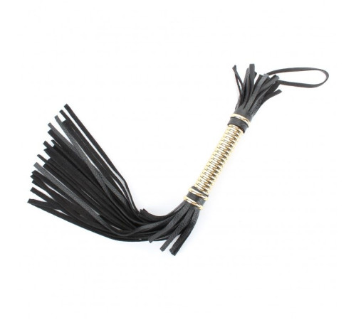 Чёрная кожаная плетка с золотистой рукоятью - 45 см.