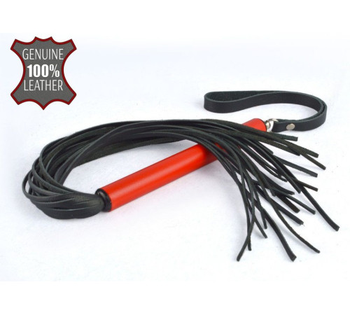 Черная кожаная плеть MIX с красной рукоятью - 47 см.