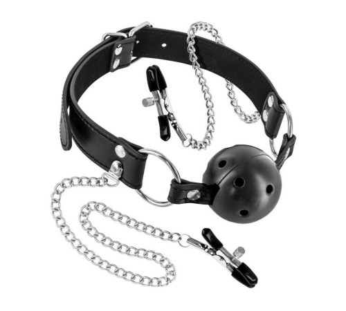 Жесткий шар-кляп с зажимами для сосков