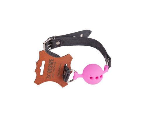 Розовый кляп-шар на черных кожаных ремешках