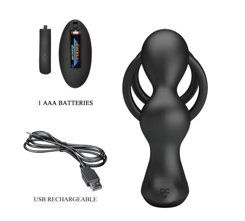 Черный вибростимулятор простаты с фиксацией кольцами Marshall