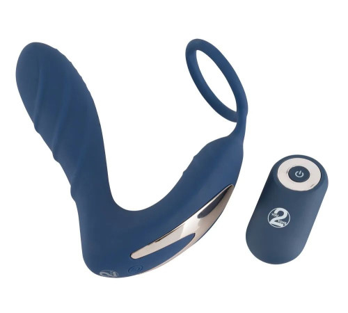 Синий вибростимулятор простаты с кольцом - 14,5 см.