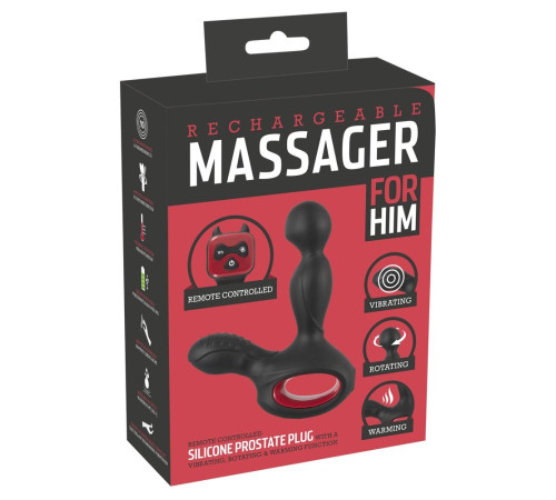 Черный вибромассажер простаты с нагревом и ротацией Prostate Plug - 14,5 см.