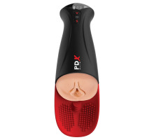 Телесный мастурбатор-вагина в черной колбе с вибрацией Fuck-O-Matic Pro XL