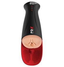 Телесный мастурбатор-вагина в черной колбе с вибрацией Fuck-O-Matic Pro XL