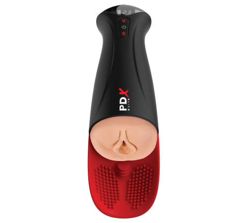 Телесный мастурбатор-вагина в черной колбе с вибрацией Fuck-O-Matic Pro XL