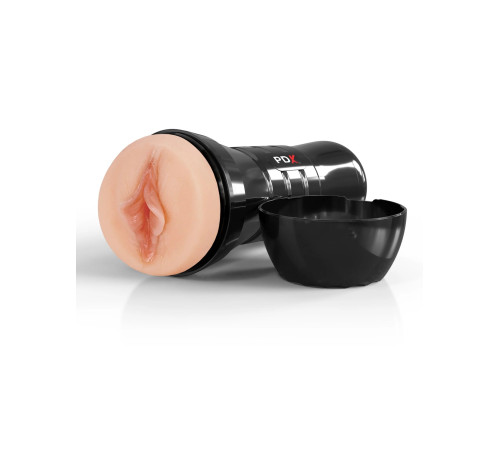 Телесный мастурбатор-вагина в черной колбе Super Luscious Lips XXL