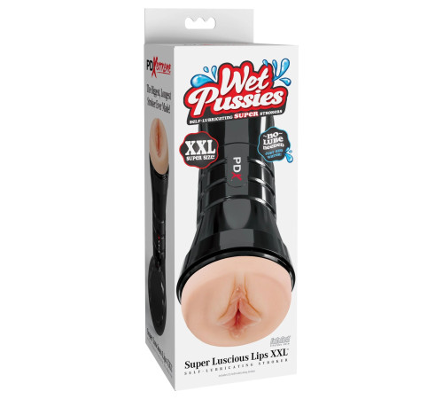 Телесный мастурбатор-вагина в черной колбе Super Luscious Lips XXL
