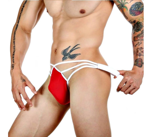 Красные сексуальные трусы-стринги на тонких белых бретелях