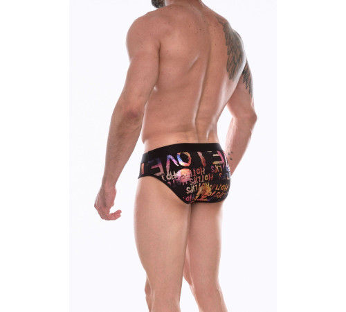 Черные трусы-брифы с блестящим принтом в виде надписей и губ