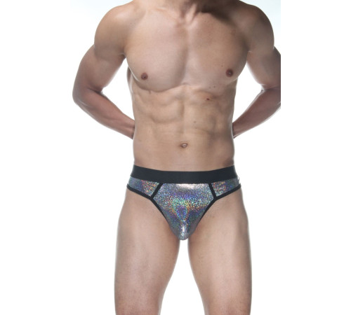 Серебристые блестящие мужские трусы-стринги