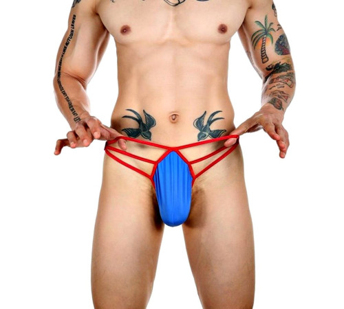 Синие сексуальные трусы-стринги на тонких красных бретелях