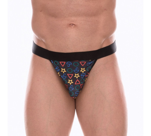 Темно-серые трусы-тонги с разноцветным принтом