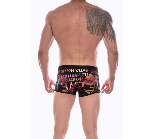 Черные трусы-боксеры с разноцветным принтом в виде надписей и губ