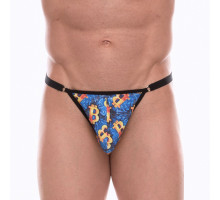 Синие мужские трусы-тонги с разноцветным принтом