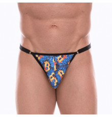 Синие мужские трусы-тонги с разноцветным принтом