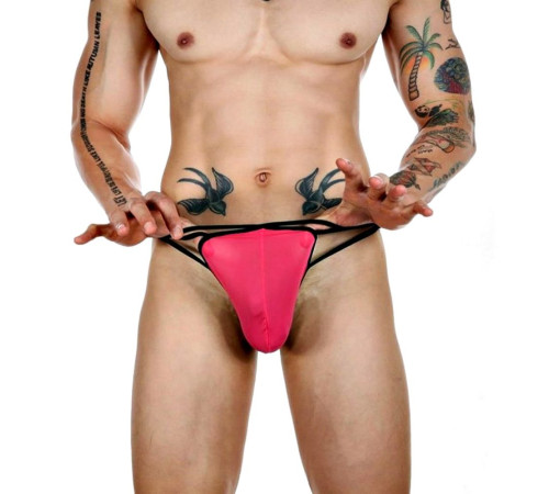 Розовые сексуальные трусы-стринги на тонких черных бретелях