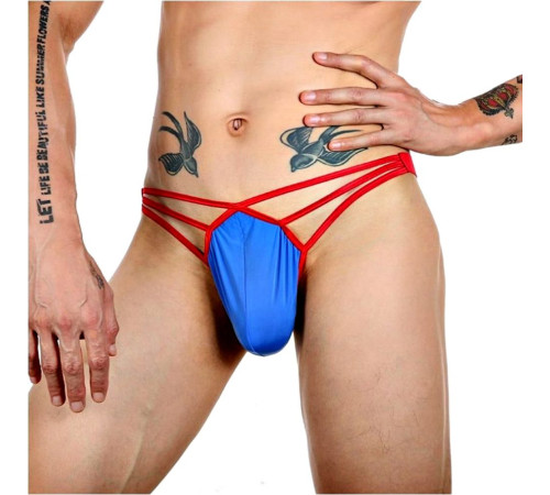 Синие сексуальные трусы-стринги на тонких красных бретелях