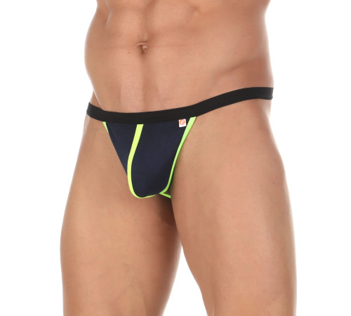 Темно-синие сексуальные трусы-стринги с салатовой окантовкой