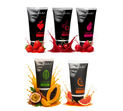 Набор из 5 съедобных лубрикантов JUJU (клубника, малина, тропические фрукты, вишня, грейпфрут)