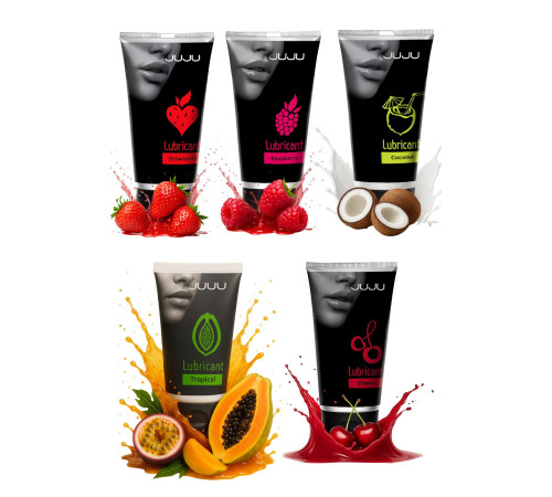 Набор из 5 съедобных лубрикантов JUJU (клубника, малина, тропические фрукты, вишня, кокос)