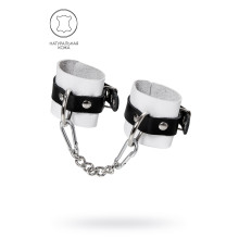 Бело-черные кожаные наручники с одним ремешком с люверсами