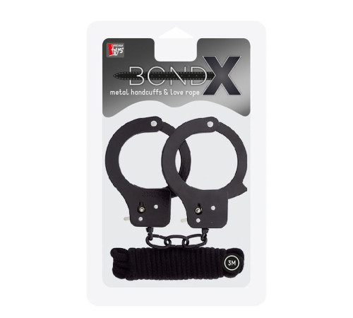 Чёрные наручники из листового металла в комплекте с веревкой BONDX METAL CUFFS LOVE ROPE SET