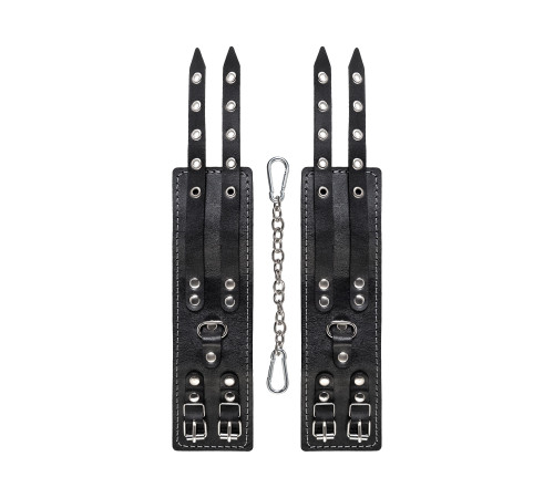 Черные кожаные оковы с двумя ремнями и красной подкладкой