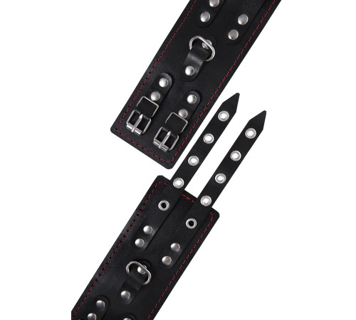 Черные кожаные наручники с двумя ремнями и контрастной строчкой