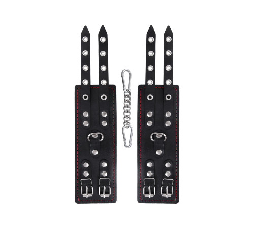 Черные кожаные наручники с двумя ремнями и контрастной строчкой
