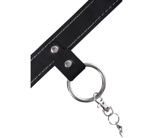 Черный узкий однослойный ошейник с серебристым поводком-цепочкой