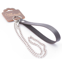 Серебристый металлический поводок с кожаной черной ручкой - 80 см.