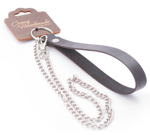 Серебристый металлический поводок с кожаной черной ручкой - 80 см.