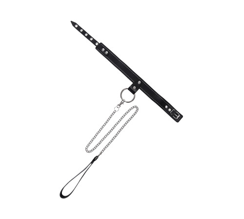 Черный узкий однослойный ошейник с серебристым поводком-цепочкой