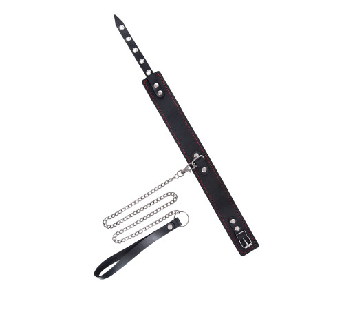 Кожаный двухслойный ошейник с красной строчкой и поводком